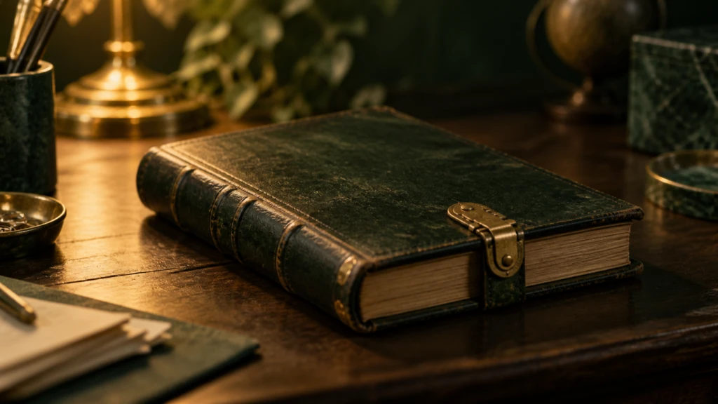 A closed ledger book fastened shut with a small worn brass clasp.