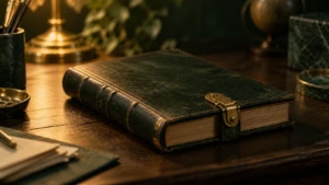 A closed ledger book fastened shut with a small worn brass clasp.