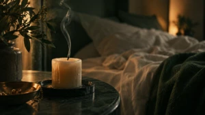 A candle just extinguished, a thin wisp of smoke still rising from the wick.
