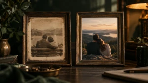 An old sepia-toned photograph in a frame beside a modern photograph in a matching frame.