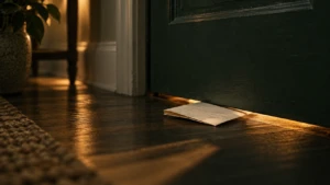 A closed door with a folded handwritten note slipped underneath it.