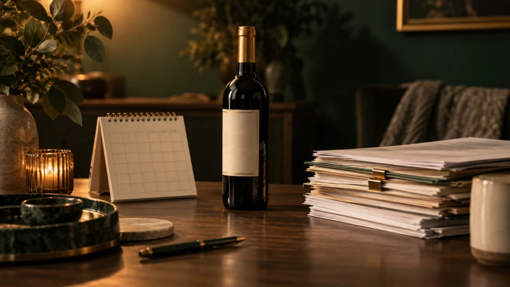 A tidy desk calendar and a stack of paperwork beside a single unopened bottle of wine.