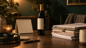 A tidy desk calendar and a stack of paperwork beside a single unopened bottle of wine.