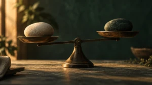 A single scale with two smooth stones, nearly but not quite balanced.