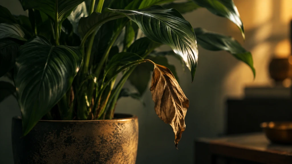 A single wilted leaf among a healthy potted plant, immediately eye-catching.