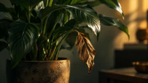 A single wilted leaf among a healthy potted plant, immediately eye-catching.