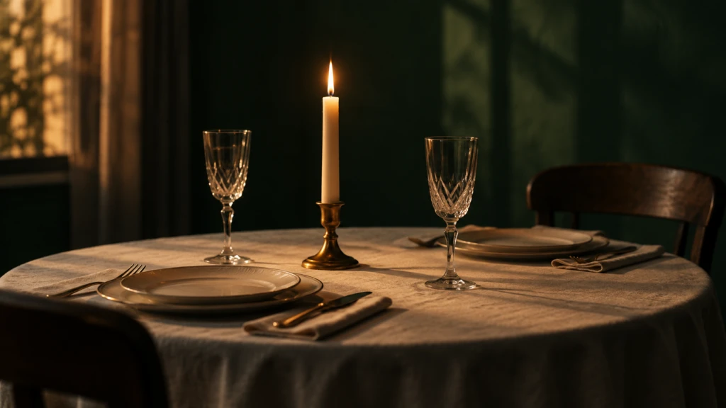 A single lit candle on an otherwise plain table set for a celebration, no other decoration.