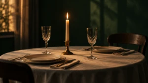 A single lit candle on an otherwise plain table set for a celebration, no other decoration.
