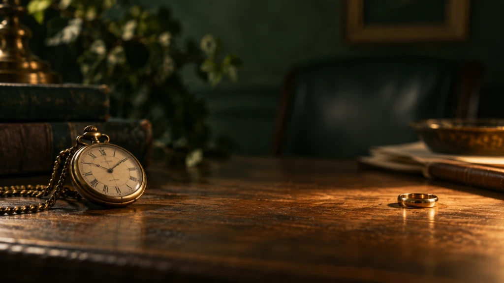 A pocket watch and a wedding ring resting on opposite ends of a wooden desk.