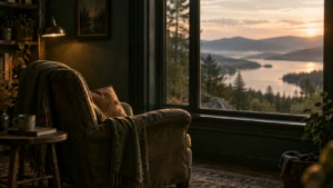 A comfortable worn armchair facing a window with an unopened view beyond it.