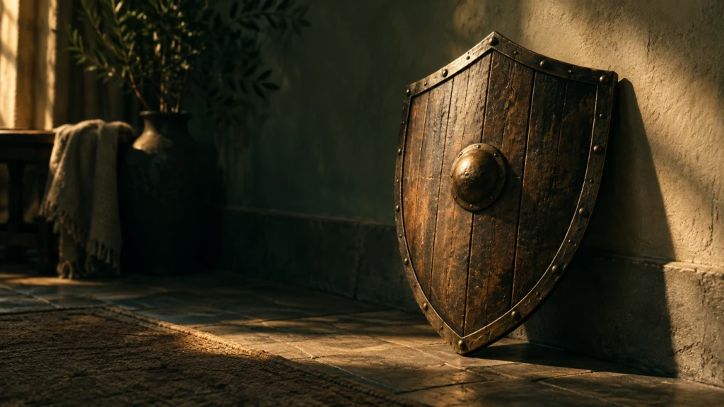 A single wooden shield resting against a wall in soft light.