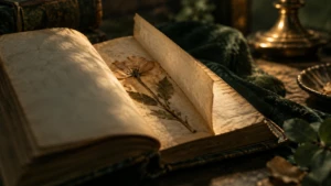A single pressed flower kept inside the pages of an old book, faded but intact.
