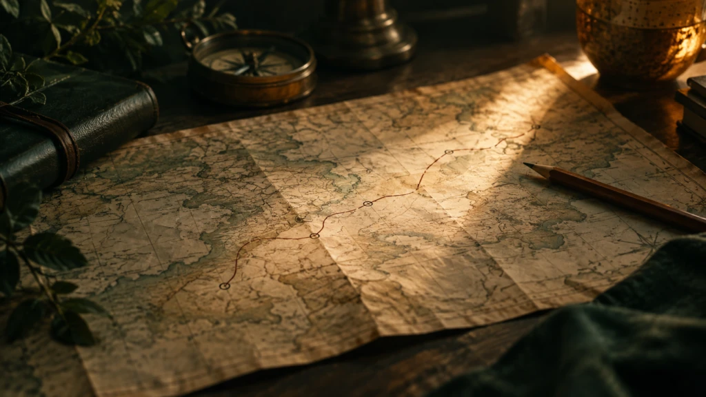 An old, unused map with a single new route lightly penciled in.