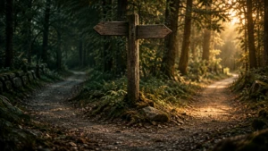 Two paths meeting at a single signpost pointing in opposite directions.