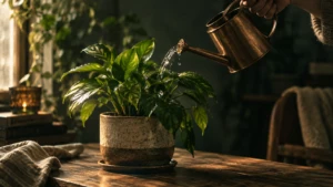 A single potted plant being carefully watered despite already looking healthy.