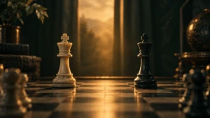 Two chess pieces facing each other, neither having moved, warm light between them.