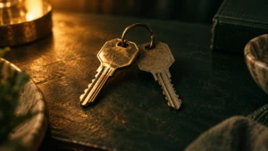 Two identical keys on a single ring, one polished from use, one untouched and dull.