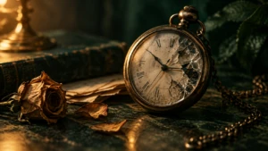 A cracked pocket watch, its hands still moving despite the damaged glass face.