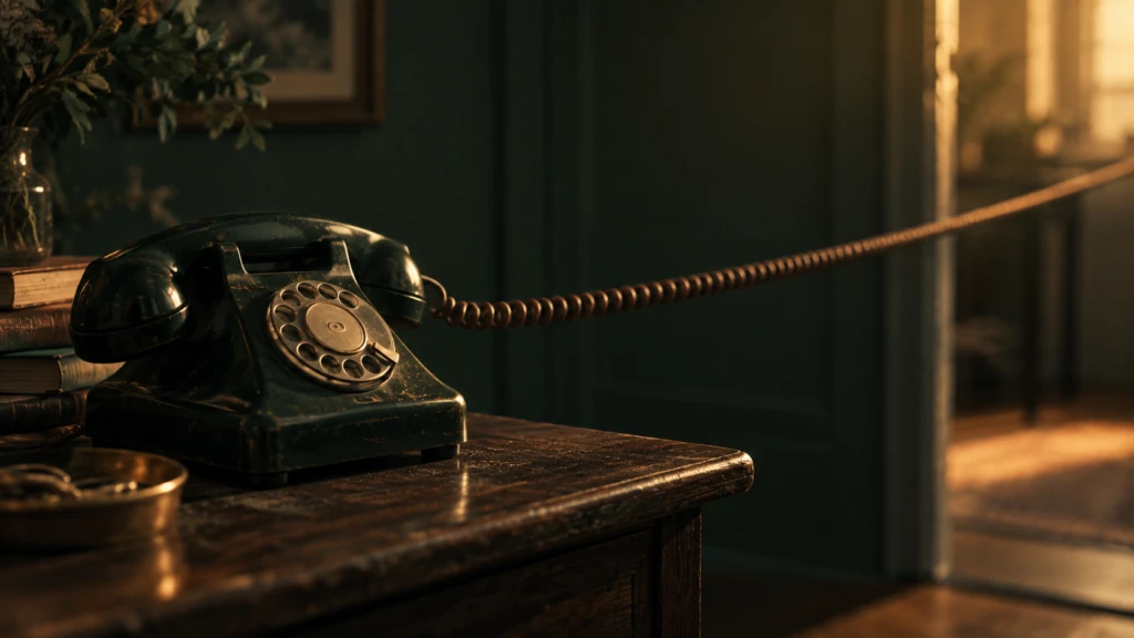 An old rotary telephone with a long, taut cord stretching out of frame.