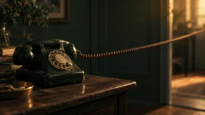 An old rotary telephone with a long, taut cord stretching out of frame.