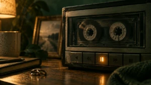 A pause button lit softly on an old cassette player, tape reels frozen mid-spin.