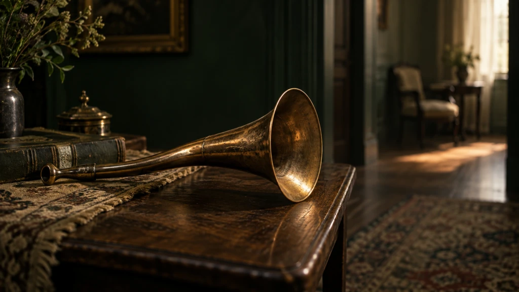 An old brass ear trumpet resting on a table, angled toward an empty room.