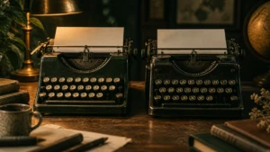 Two old typewriters side by side, each with a different alphabet on its keys.