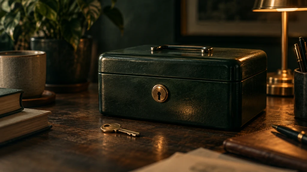 A locked cash box on a desk, its small key resting untouched beside it.