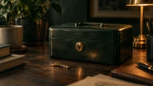 A locked cash box on a desk, its small key resting untouched beside it.