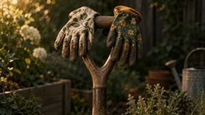 Two garden gloves, mismatched patterns, resting together on the handle of one shared shovel.