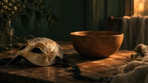 A single decorative mask resting face-down beside a warmly lit, plain wooden bowl.