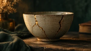 A ceramic bowl with two separate mended cracks, one gold-filled, one still raw and unrepaired.