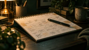 A single desk calendar dense with handwritten notes, one pen resting on top.