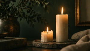 Two candles of different heights burning side by side, one much shorter than the other.