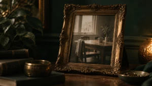 An ornate picture frame holding a plain, ordinary photograph inside it.