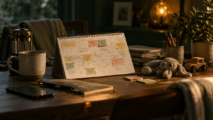 A shared desk calendar covered in scheduling notes, a small toy resting quietly in one corner.
