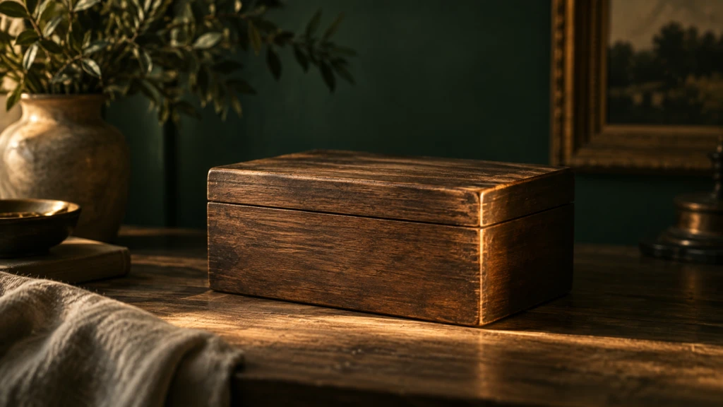 A single closed wooden box on a table, warm light outlining its edges.