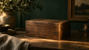A single closed wooden box on a table, warm light outlining its edges.