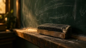 A single eraser worn down on one corner, chalkboard behind it still faintly marked.