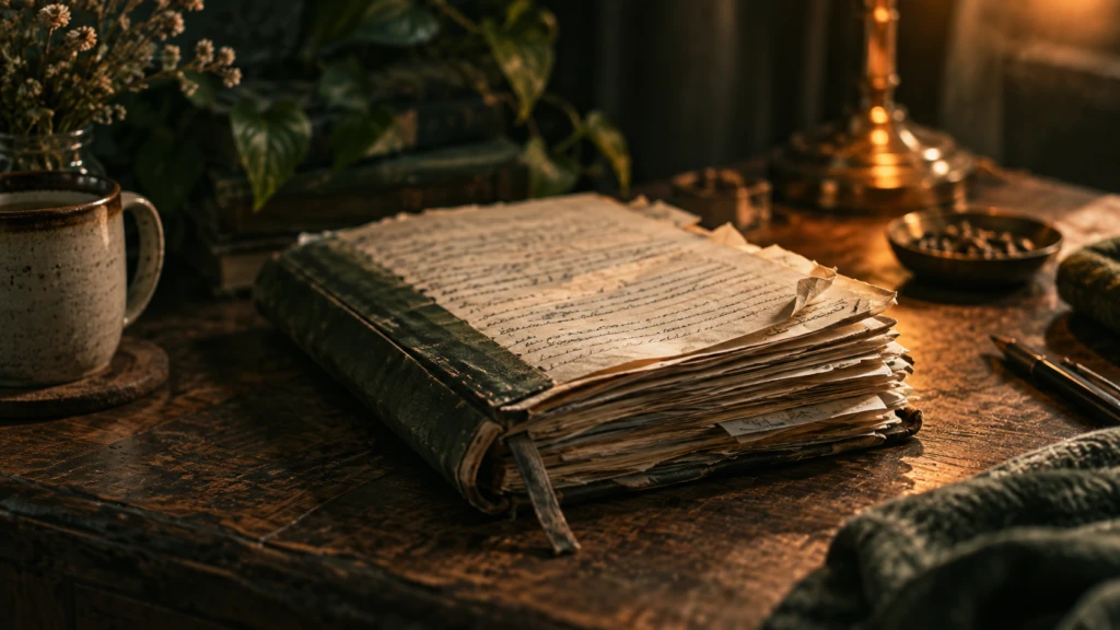 A single well-worn notebook full of handwritten reminders, its pages curling at the edges.