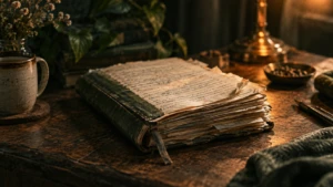 A single well-worn notebook full of handwritten reminders, its pages curling at the edges.