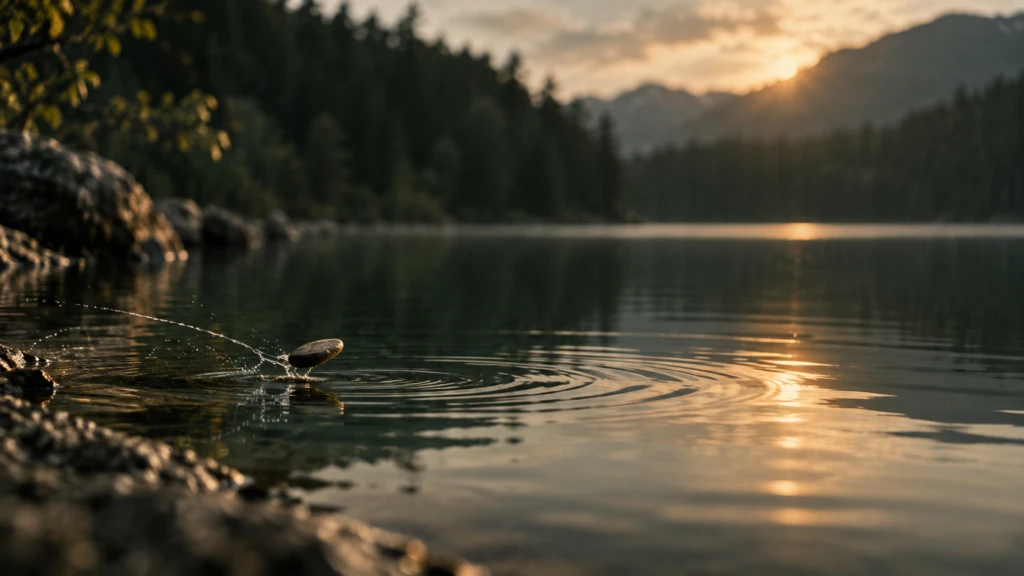 A small stone skipped once across still water, ripples fading before reaching the far shore.