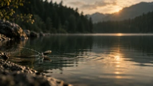 A small stone skipped once across still water, ripples fading before reaching the far shore.