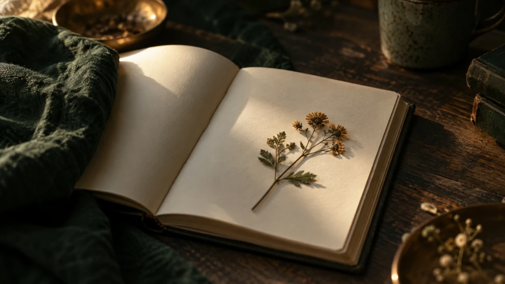 A pressed wildflower resting on a blank, unused page of a journal.