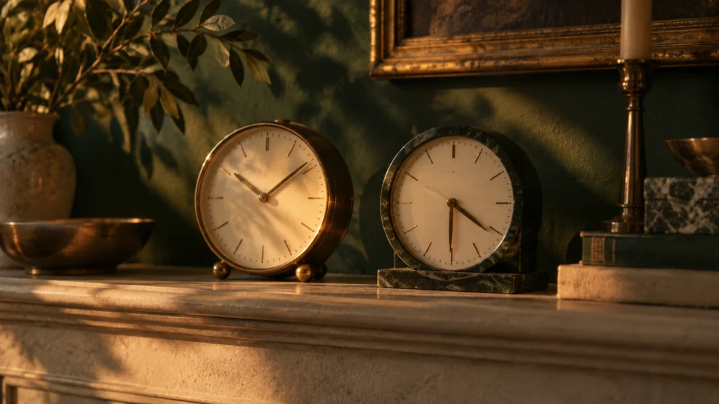 Two clocks on a mantle showing different times, both catching warm evening light.