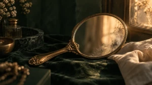 A hand mirror reflecting warm light, its surface slightly clouded near one edge.