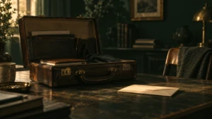 A vintage briefcase left open on a table beside an unread, closed letter.