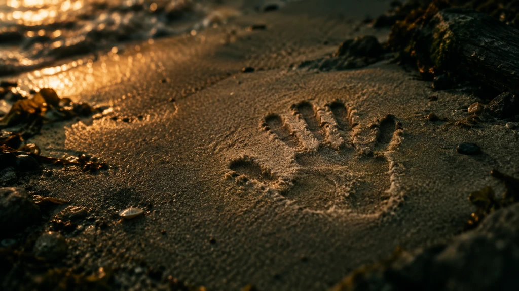 A single warm hand-shaped imprint left in soft sand, no second imprint beside it yet.