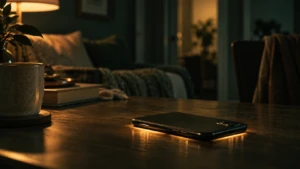 A smartphone face-down on a table, its screen glowing faintly at the edges in a dim room.