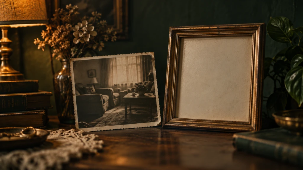An old family photograph beside a blank picture frame waiting to be filled.